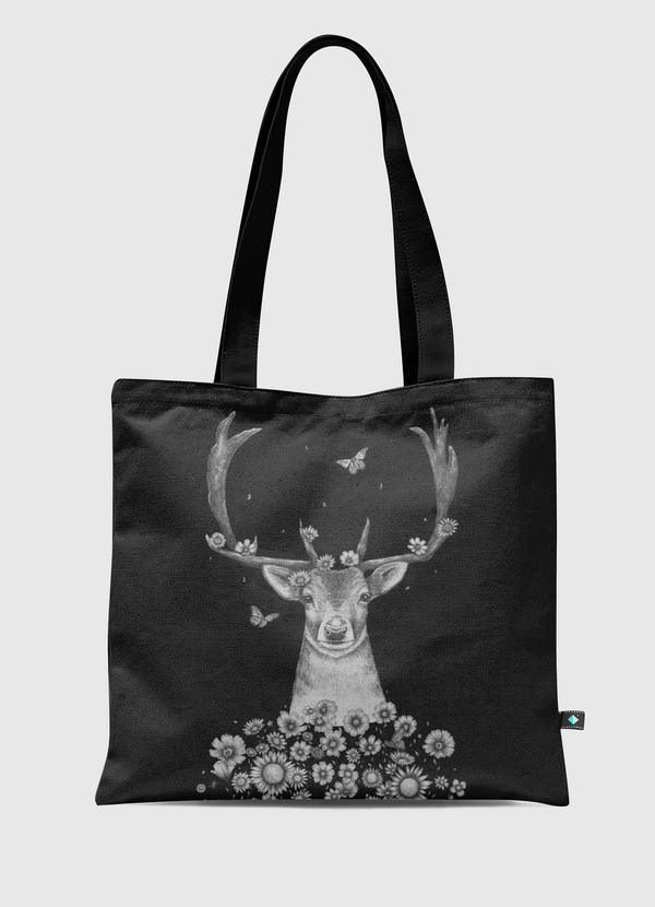 Deer in flowers on black Tote Bag
