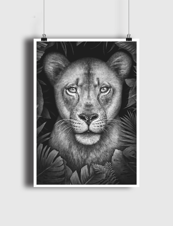 Lioness in tropical leaves Poster