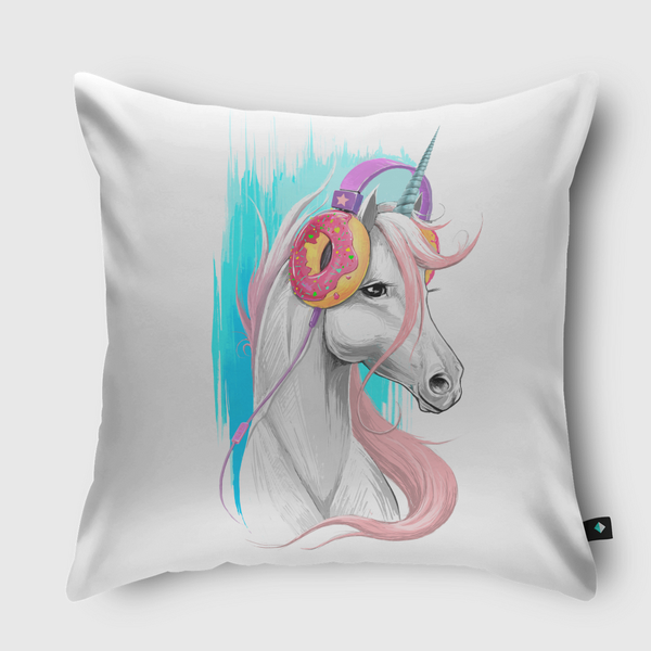 Unicorn in the headphones  Throw Pillow