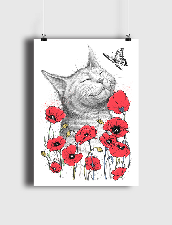 Cat in poppies Poster
