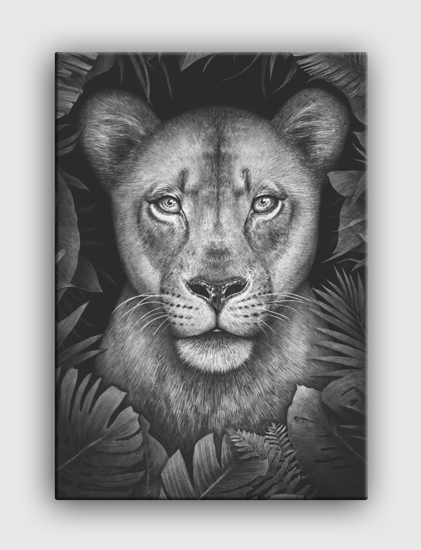 Lioness in tropical leaves Canvas