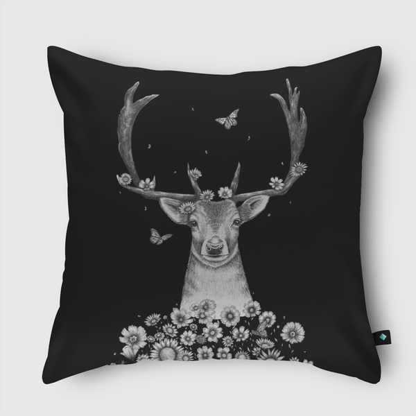 Deer in flowers on black Throw Pillow