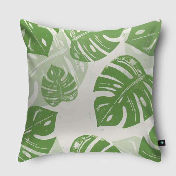 Linocut Monstera Green Throw Pillow