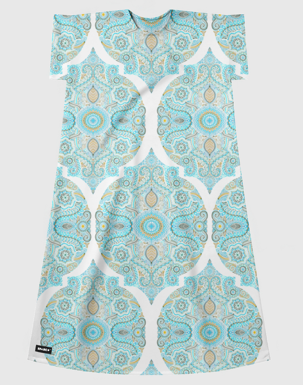 Aqua & Tan Doodle Pattern Short Sleeve Dress