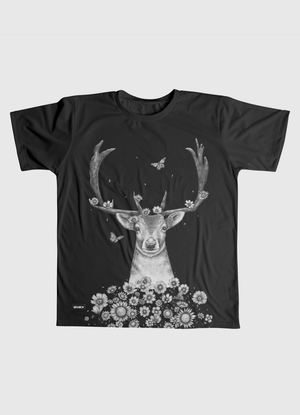 Deer in flowers on black Men Graphic T-Shirt