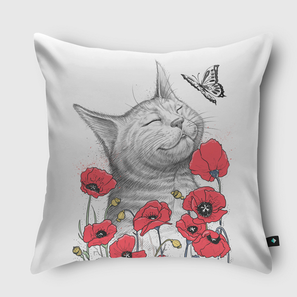 Cat in poppies Throw Pillow