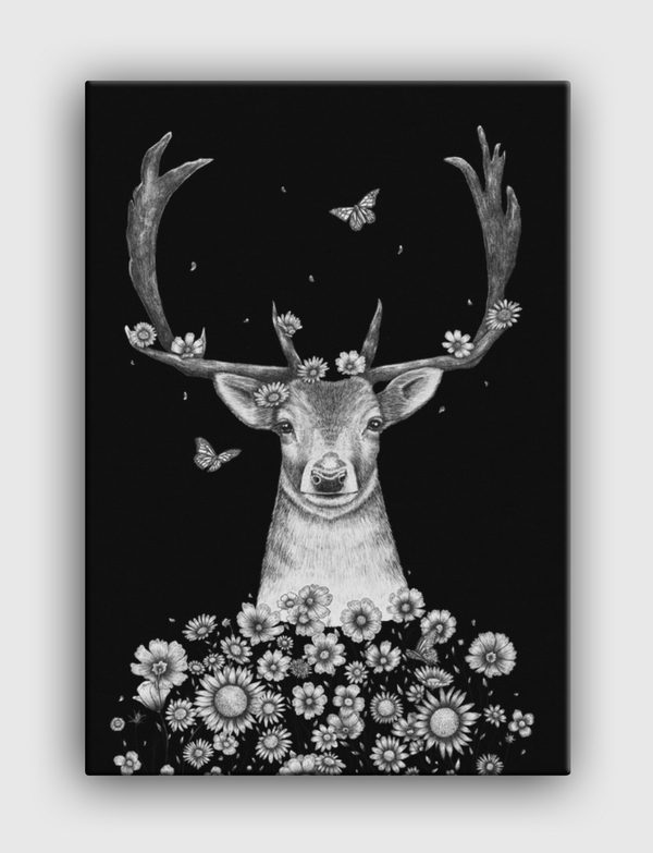 Deer in flowers on black Canvas
