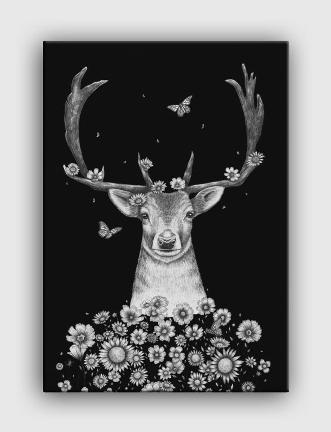 Deer in flowers on black - Canvas