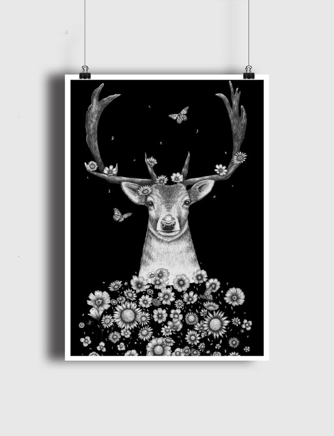 Deer in flowers on black - Poster